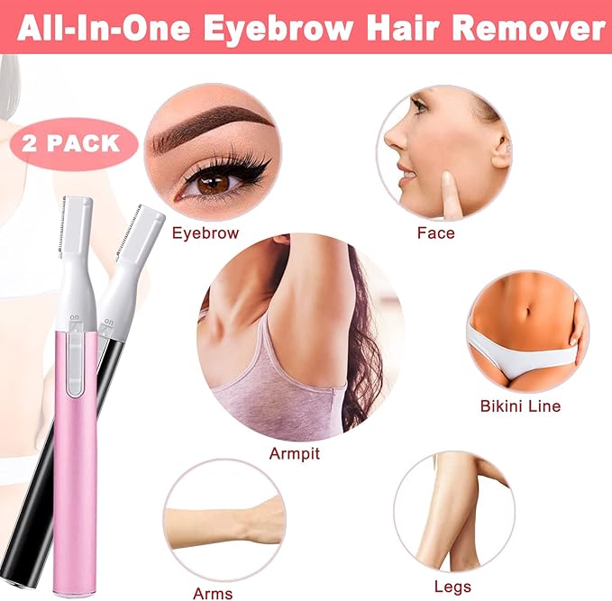 Electric Eyebrow Trimmer for Women, Facial Hair Razor Removal for Men, Mini Epilator for Bikini, Remover for Face, Chin, Peach Puzz, Lips, Body, Arms, Legs, Battery Operated (Pink, Black)