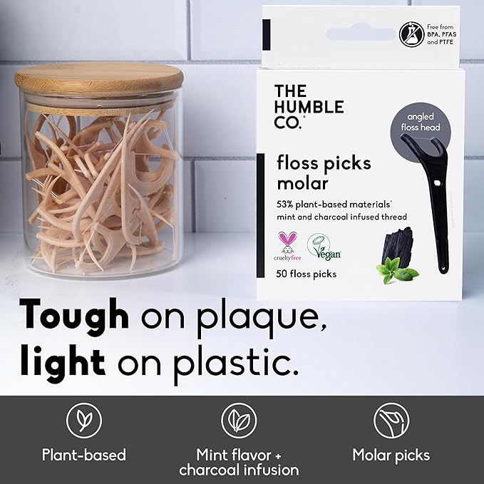 The Humble Co Molar Floss Picks for Teeth, 200 Count (Charcoal) - Angled Dental Flossers with Extended Reach for Molars & Back Teeth - Plant-Based Floss for Interdental Oral Care, Hygiene & Gum Health