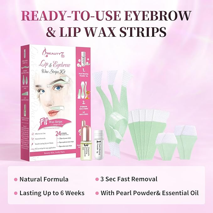 Beauty7 Pre-cut Wax Strips for At-Home Eyebrow, Lip, and Facial Hair Removal - 24 Strips with Pearl Powder and Essential Oil for Sensitive Skin