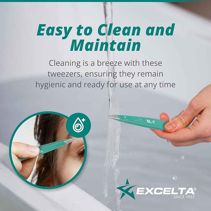 Excelta Eyebrow Tweezers, Precision Aligned Slant Tip, Ergonomic Design for Comfort and Control, Ideal for Plucking Ingrown Hairs and Splinters From the Root, Durable & Sturdy Carbon Steel, Swiss Made