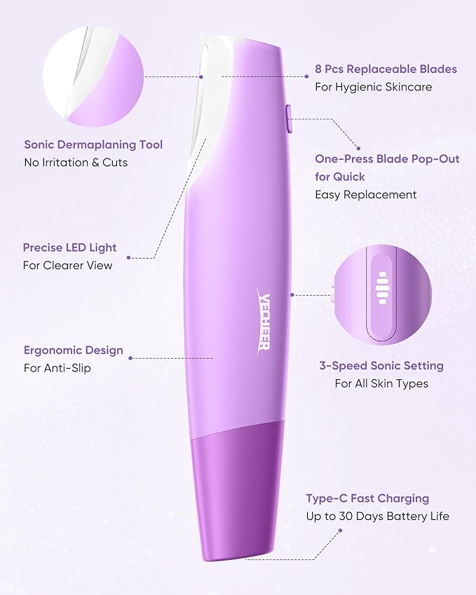 Dermaplane Razor for Women Face, Sonic Dermaplaning Tool for Smooth & Flawless Skin, Dead Skin & Peach Fuzz Gentle Remover, Electric Facial Hair Removal with LED Light&8 Refill Blades, Purple