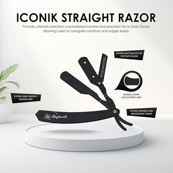 Professional Straight Edge Barber Razor – 60 Single/30 Double-Sided Stainless Steel Blades for Men & Women, with Leather Case (Matt Black)