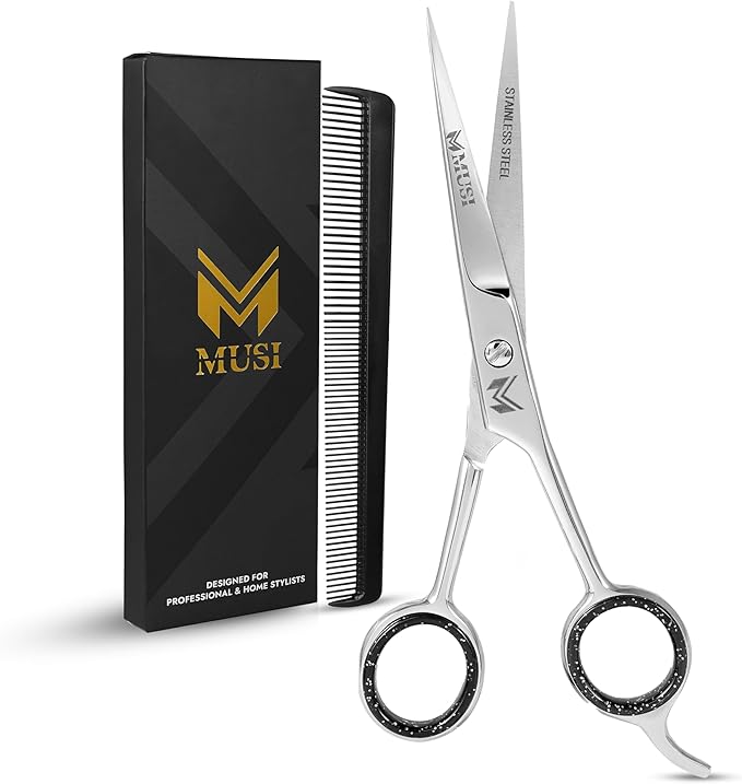 MUSI Hair Scissors 6.5" – 420 Japanese Stainless Steel Standard Hair Cutting Scissors – Premium Barber Shears for Professional Haircut – Silver Sharp Shears with Hair and Beard Comb