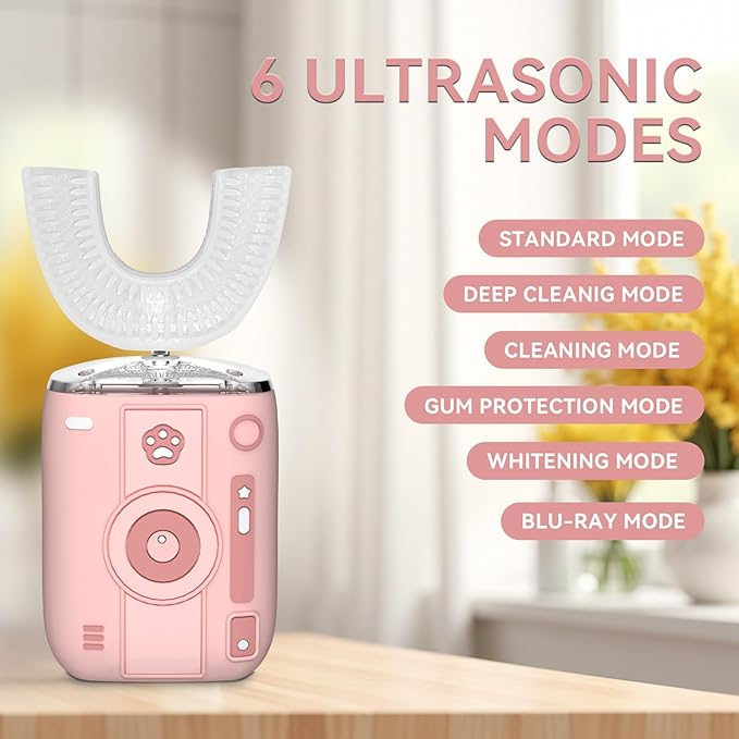 Adult Sonic Automatic Electric Toothbrush, 360° Oral Cleaning Stain Whitening(Pink-Cup), IPX7 Waterproof Rechargeable, u-Shape Brush Head*3+Straight Handle Brush Head*2