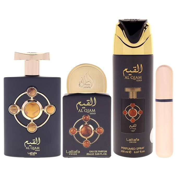 Lattafa Pride - Al Qiam Gold for Men - 3 Pc Gift Set 3.4oz EDP Spray, 6.67oz Perfumed Body Spray, 0.67oz EDP Spray