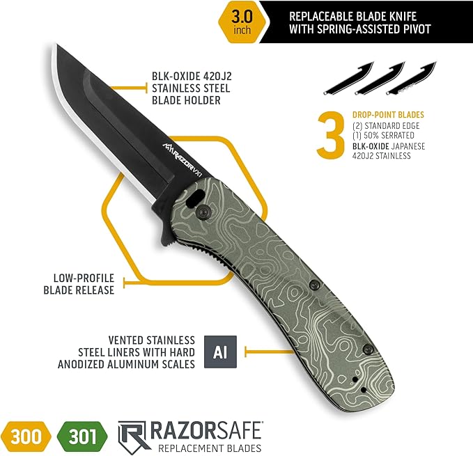 OUTDOOR EDGE RAZOR VX1 | Topo Map Etching | Replaceable Blade EDC Folding Pocket Knife | 3" Stainless Blade, Green Anodized Aluminum Handle, Reversible Pocket Clip | Cool Knife for Men