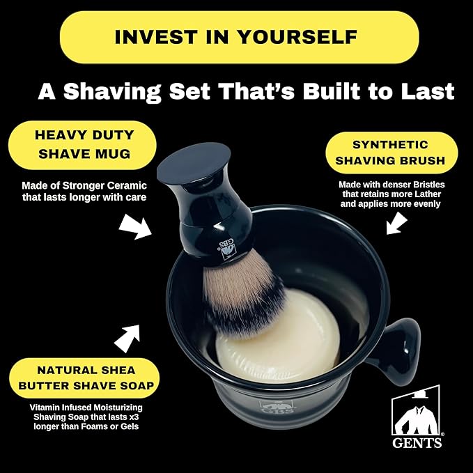G.B.S GENTS Men’s Wet Shaving Kit - Complete 4-Piece Set with Heavy Duty Ceramic Bowl, Synthetic Shave Brush, Stand & Natural Shea Butter Lather Soap (Black)