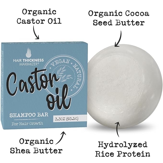 Castor Oil Shampoo Bar for Hair Growth. Eco-Friendly, No Harsh Chemicals, Color Safe, pH Balanced. Solid Shampoo Bar Equal to 3 Liquid Bottles. Zero Plastic, USA Made, Strengthening & Dry Hair Relief