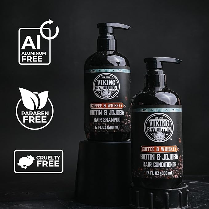 Viking Revolution Coffee Whiskey Mens Shampoo and Conditioner Set with Biotin and Jojoba Oil - Natural Hair Shampoo and Hair Conditioner for Men with Vitamin B5- Shampoo and Conditioner Set Men (17Oz)