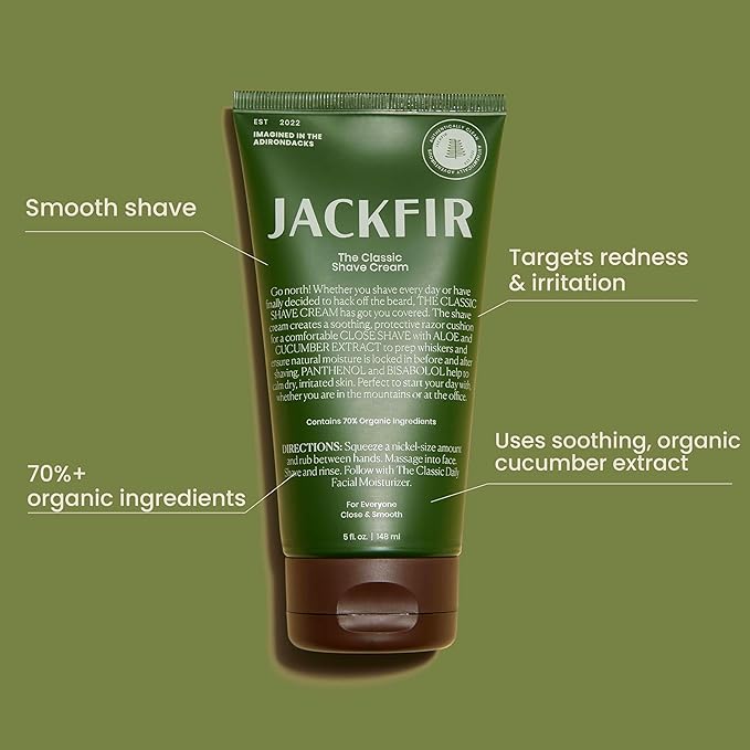 Jackfir The Classic Shave Cream, Smooth Natural Shaving Cream for Men, Hydrating Aloe & Cucumber Extract - Helps Calm Dry Irritated Skin, EWG Verified, Organic Ingredients, For All Skin Types, 5 Fl Oz