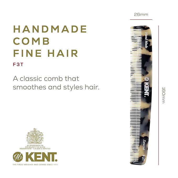 Kent F3T TW Fine Tooth Comb for Hair Parting, Handmade Combs for Men and Straightening Comb for Women, Dandruff Remover Kent Mens Combs for Fine Hair