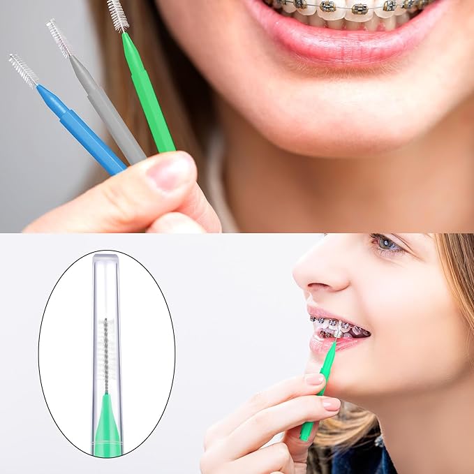 Patelai 100 Pieces Braces Brush for Cleaner Interdental Brush Toothpick Dental Tooth Flossing Head Oral Dental Hygiene Flosser Toothpick Cleaners Tooth Tool(Blue, Grey, Green,Various Sizes)