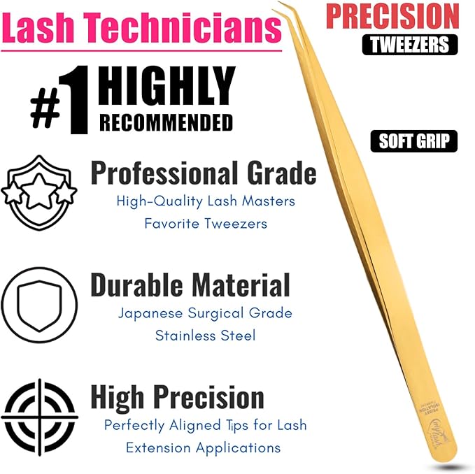 Isolation Tweezers for Eyelash Extension – 14cm Curved Lash Tweezer, Stainless Steel, Best for Individual Isolation & Classic Lashes, Pinzas para Pestaña(Gold Titanium)