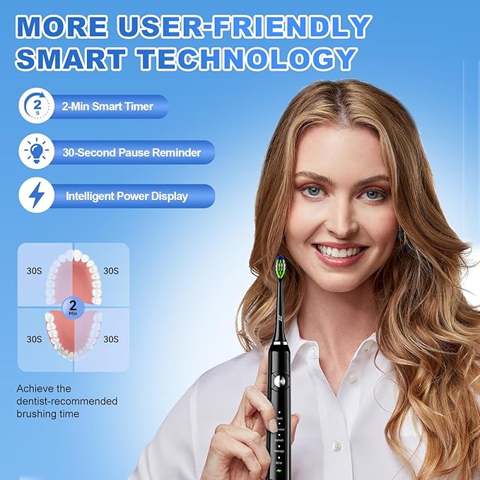 JTF Sonic Electric Toothbrush for Adults: 5 Modes with Smart Timer for Deep Cleaning & Whitening, 2 Brush Head Types for Sensitive Teeth, Gums & Braces, Travel-Friendly Case and Wireless Charging Base