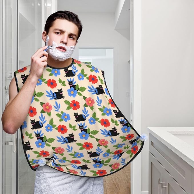 Beard Trimming Catcher Apron, Waterproof Non-Stick Grooming Bib for Shaving, Ideal for Men Dad Father’s Day, Halloween Black Cats Flowers Floral Shave Bib