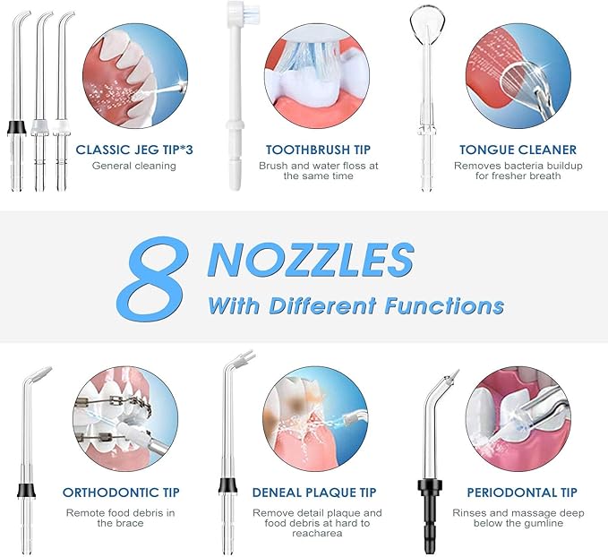 TUREWELL Water Flossing Oral Irrigator, 600ML Dental Teeth Cleaner 10 Adjustable Pressure, Electric Oral Flosser for Braces, 8 Replacement Jet Tips for Family (Black)