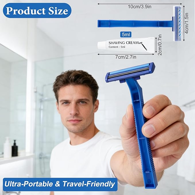 Disposable Razors Bulk, Razors Individually Wrapped Bulk With Shaving Cream, For Hotels, Shelters, Homeless, Nursing Homes, Charities, Churches, Blue (60-PACK)