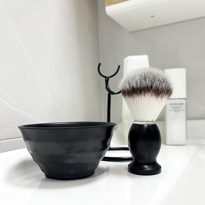 Shaving Brush Set for Men, 3in1 Shaving Set includes Synthetic Shaving Brush with Steel Stand and Resin Bowl (3pcs)