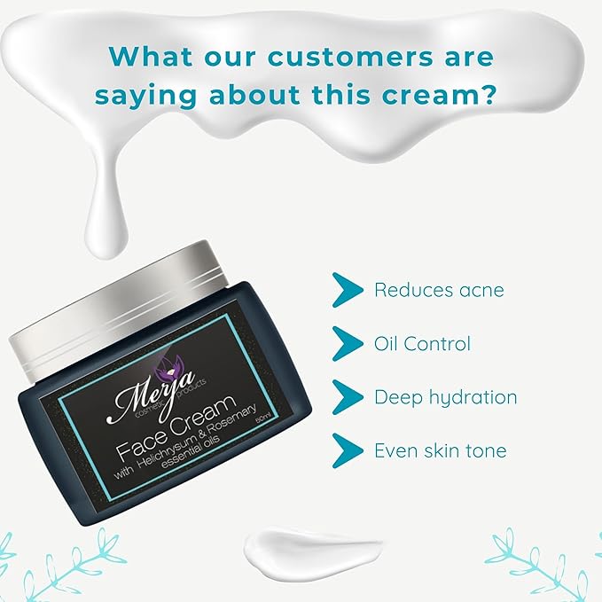 Merja Herbs Anti Acne Face Moisturizer Cream with Helichrysum and Rosemary, Aloe & Collagen - Day and night - Light & Anti Acne & Oil control Moisturizing Cream - Light Floral Fragrance 50ml 1.7oz