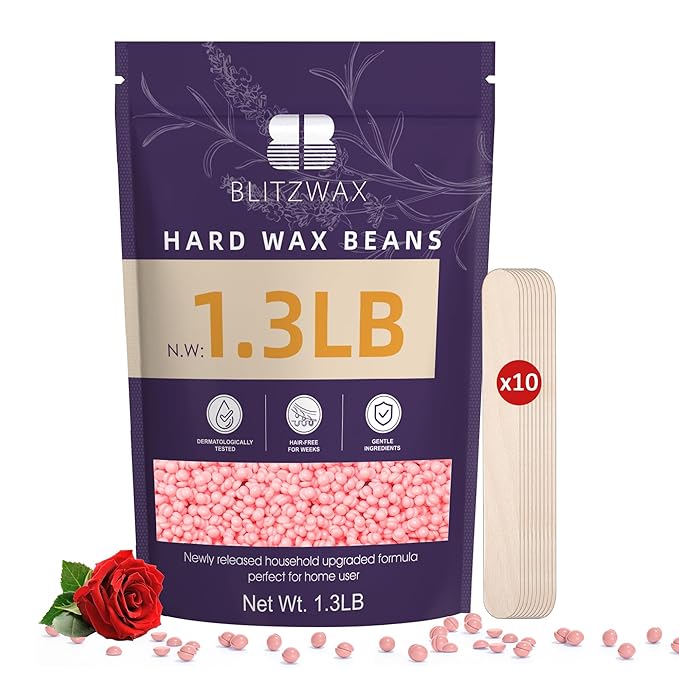 BLITZWAX Rose Wax Beads for Hair Removal 1.3lb Hard Wax Beans for Sensitive Skin, with 10 Wooden Sticks for Bikini, Face and Brazilian, Suitable for Women Men at Home Salon