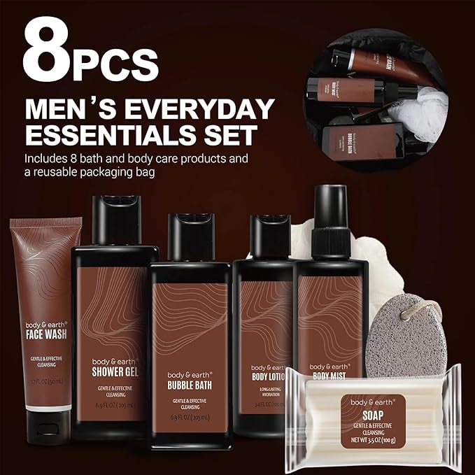 Body & Earth Gift Baskets for Men 8pcs Mens Grooming Sets with Sandalwood Scent Gift Sets for Christmas Gifts for Men