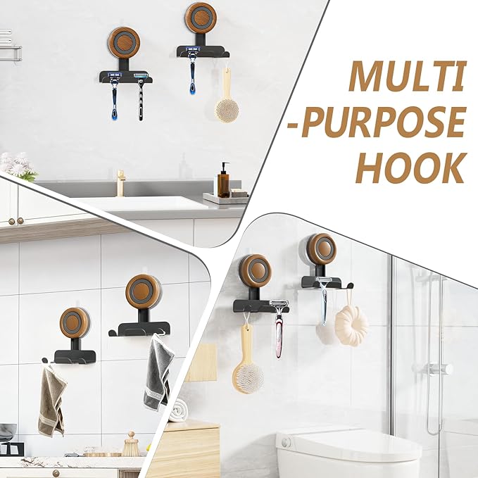 Razor Holder for Shower 2 Pack, Suction Cup Shaver Holder for Wall, Removable&Reusable Suction Cup Hooks for Bathroom, Damage-Free Suction Shower Hooks, Wall Mounted Razor Stand, Black
