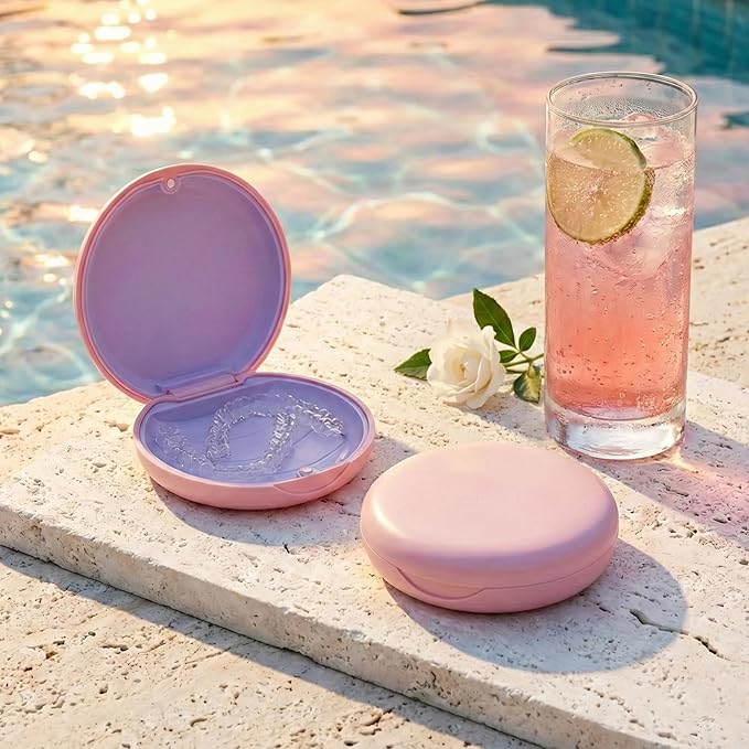 2 Pack Retainer Case, Compatible with Invisalign, Slim Aligner Case with Removal Tool, Aligner Seaters & Brush, Pocket Size Secure Magnetic Closure for Travel - Pink & Lavender