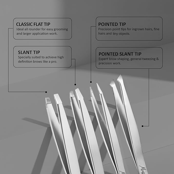Fiber Tip Eyebrow Tweezers Set for Women & Men, 4 Pcs Professional Stainless Steel Tweezer Kit with Slant, Pointed, Flat & Pointed-Slant Tips for Facial Hair & Eyebrow Removal (Silver)
