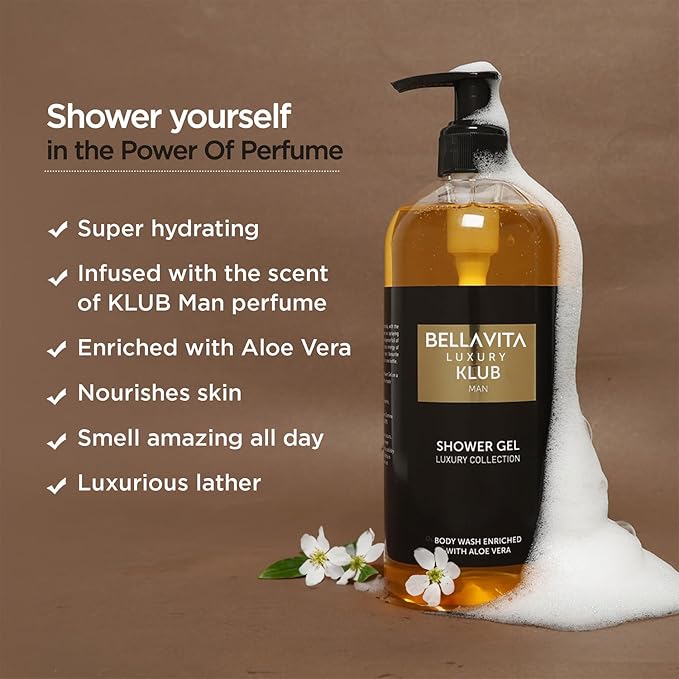 Bella Vita Luxury KLUB MAN Body Wash Shower Gel for Men |Men's Bodywash 500ml | Deep Cleansing, Hydrating & Moisturising with Aloe Vera Extract & Charcoal Powder | Suitable for All Skin Types