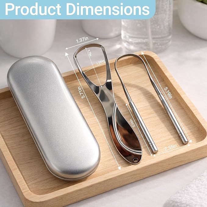 2-Pack Stainless Steel Tongue Scraper for Adults, Metal Tongue Cleaner & Scraper Kit with Travel Case & FREE Dental Floss – Dual Design for Effective Tongue Cleaning, Health & Beauty Essential