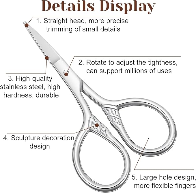 Small Precision Scissors Stainless Steel Multi-Purpose Vintage Beauty Grooming Kit Professional Beauty Mini Scissors For Facial Hair Eyebrow Eyelash Beard Moustache With Leather Case