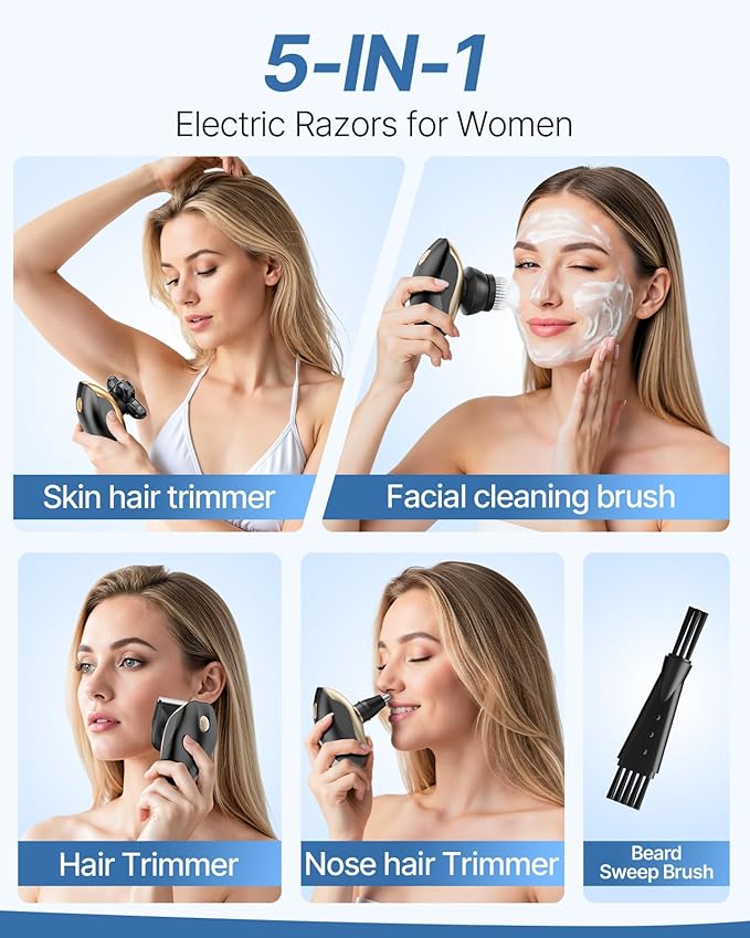 Electric Razors for Women, 5-in-1 Rechargeable Body Shaver - Waterproof Wet Dry Hair Remover - Trimmer for Lady Face Underarms Bikini,Lips,arms, Legs (Gold)