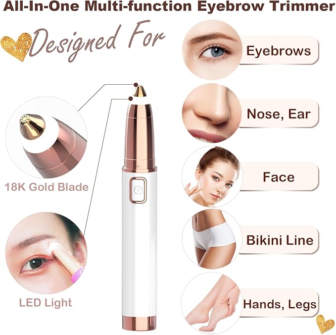 Eyebrow Trimmer for Women - Electric Eye Brow Razor with LED Light Painless & Easy Clean for Eyebrows Face Nose Ear Hair Chin Lips Peach Fuzz Bikini Lines & Other Detailing - Battery Operated (White)
