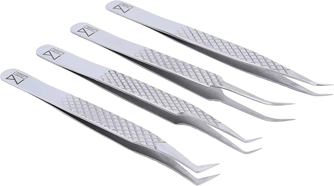 M LASH Tweezers for Eyelash Extensions (Set of 4) - Professional Lash Extension Tweezers - Fiber Tip, Japanese Steel, Diamond Grip Eyelash Extension Tweezer set (Silver)