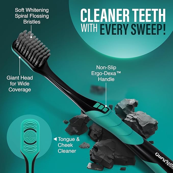 GuruNanda Gentle Giant Charcoal Toothbrush - Dual Action Flossing Spiral Bristles, Non-Slip Ergo Dexa Grip Handle, Helps in Teeth Whitening, BPA Free, 2ct (Pack of 2)