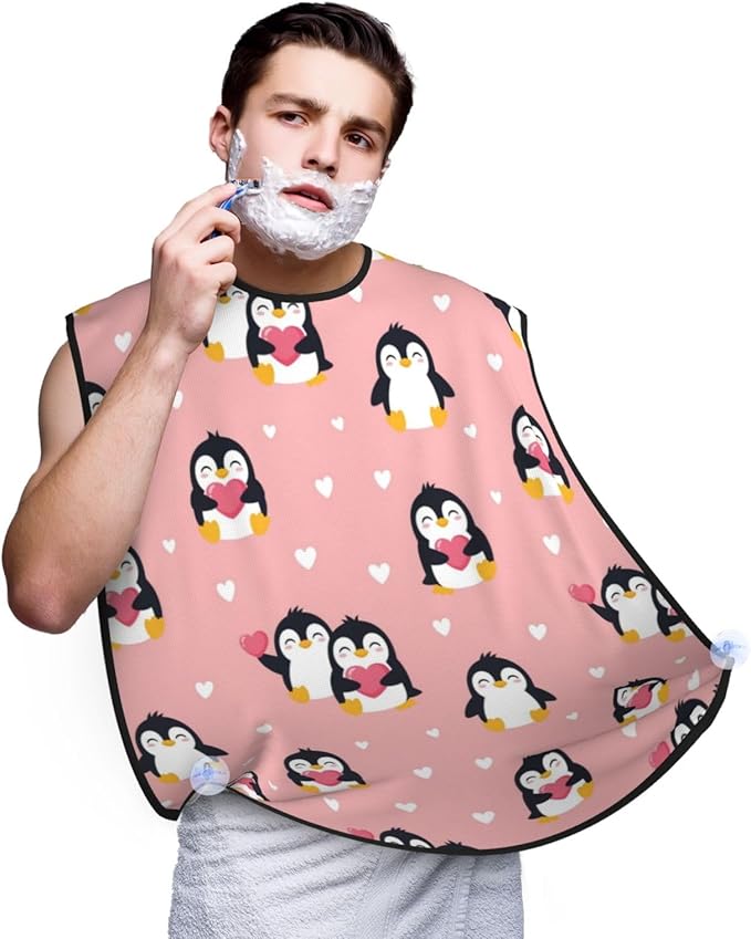 Strong Suction Cup Beard Grooming Bib, Non-Stick Hair Catcher, Waterproof, for Shaving, Cute Cartoon Penguin and Heart Pink