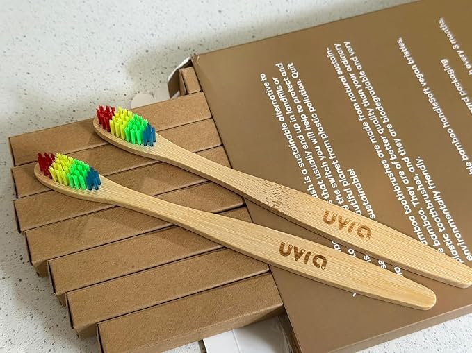 Bamboo Toothbrushes for Adults - 10 Pack Biodegradable Manual Toothbrushes Teeth Colorful Bristle Natural Bamboo Tooth Brush Dental Eco Wood Toothbrush (Rainbow)