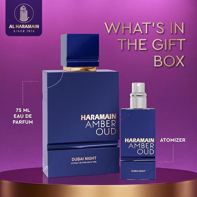 Al Haramain Amber Oud Eau de Parfum with Atomizer – Dubai Night – Unisex Ladies & Mens Cologne – Men/Women's Cologne Spray – Perfume for Men & Women: Amber, Bergamot, Vanilla, White Musk (2.53 oz)