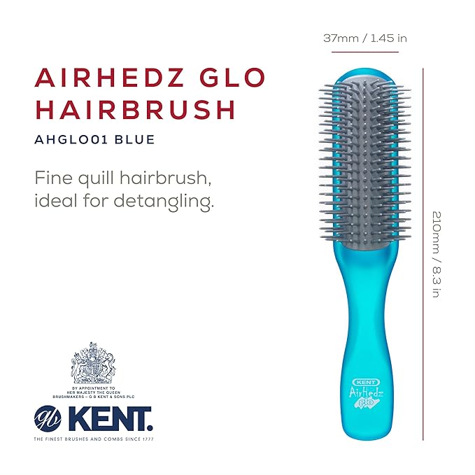 Kent AHGLO01 Airhedz Glo Blue Half Round Narrow Detangling Hair Brush - 9 Row Ionic Anti Static Non Scratch Long Nylon Bristle Great for Detangling and Smoothing Medium to Long Length Hair
