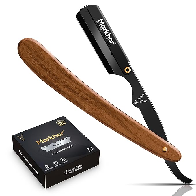 Markhor® Straight Razors for Men with 100 Single Edge Razor Blades | Rose Wood Matte Black Barber Straight Razor | Straight Edge Razor | Barber Razor Blade | Navajas Para Barbero