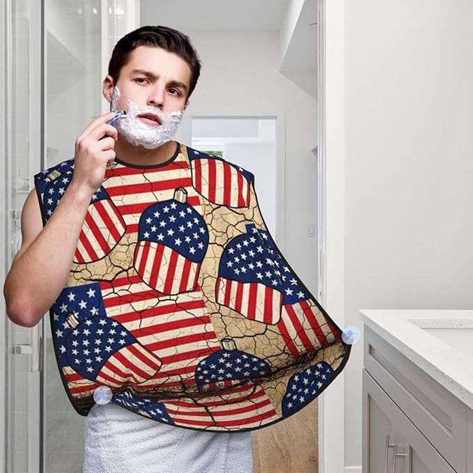 No-Slip Shaving Bib, Beard Grooming Apron with Strong Suction Cups, Grunge USA Flag