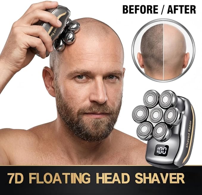 Upgraded 7D Electric Head Shaver for Men: Waterproof Wet & Dry Razor with Detachable Heads, LED Display, Rechargeable Grooming Kit with Type-C Fast Charging