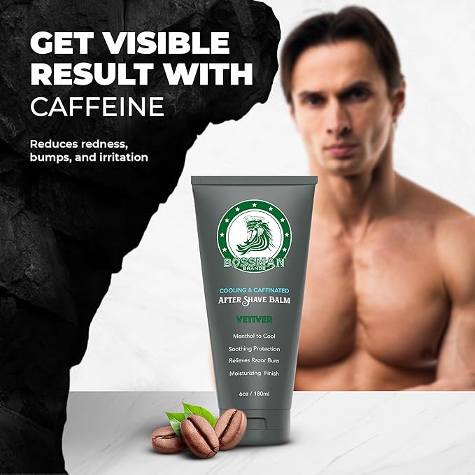 Bossman Cooling & Caffeinated After Shave Balm for Men – Soothes & Protects with Menthol, Caffeine & Tea Tree – Vetiver X Scent