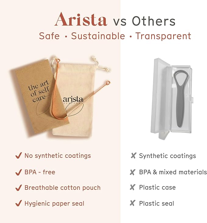 Arista 100% Copper Tongue Scraper for Adults & Kids – Metal Tongue Scraper Copper for Bad Breath, Oral Care & Hygiene – 2 Pack with Travel Pouches