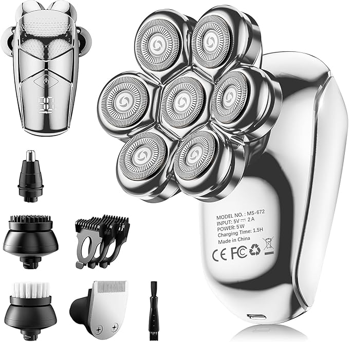 SHPAVVER Head Shavers for Bald Men: 5-in-1 Electric Razor - IPX7 Waterproof Shaving Grooming Kit for Balder - Turbo Speed & Precision Blades (White Silver)