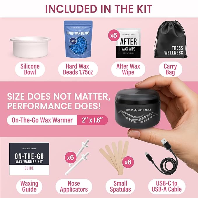 Tress Wellness Stripless Wax Kit for Face, Eyebrow & Lip for Women & Men – Quick & Easy Mini Wax Warmer for Eyebrow, Chin & Face Hair Removal Waxing Kit - USB, Mess-Free, Compact & Travel-Ready