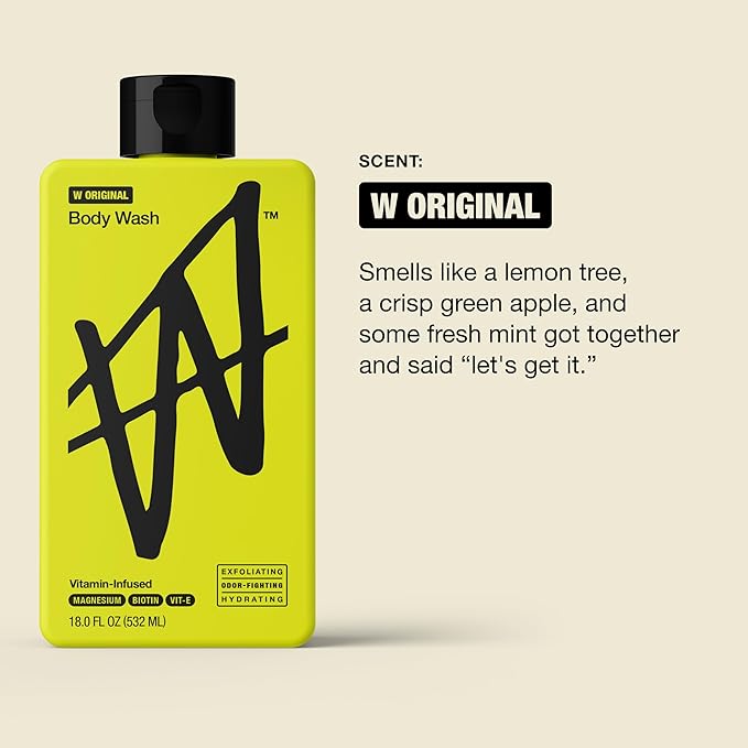 W By Jake Paul Body Wash for Men, Exfoliating Shower Gel with Jojoba Oil, Deep Clean Hydrating Mens Bodywash, Original Scent, 18 fl oz