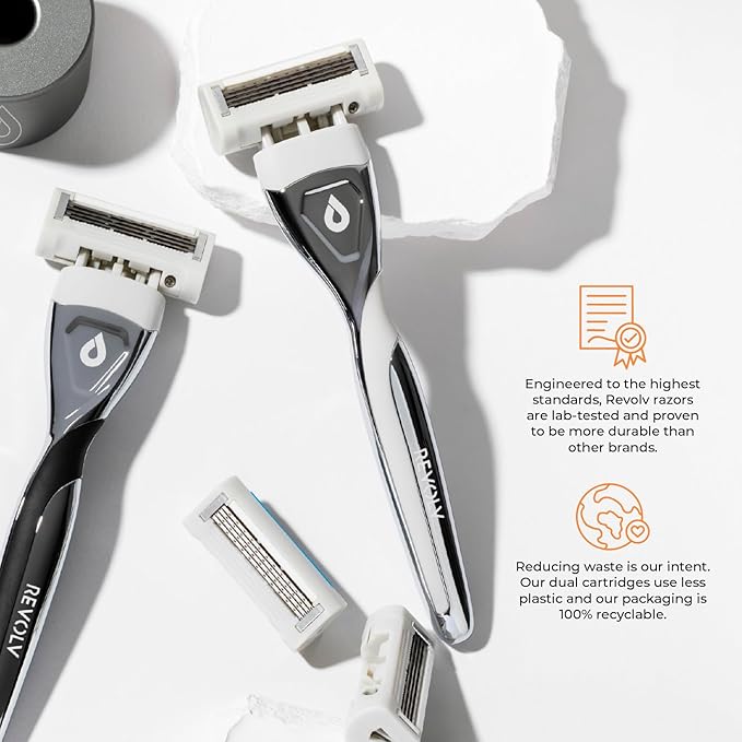 REVOLV - Men’s Razor Shaving Kit - 1 Premium Weighted Handle + 3 Dual-Sided Cartridges + 1 Stand - For a Closer, Smoother Shave - Safe on Sensitive Skin - 2 Razor Blade Refills - Black