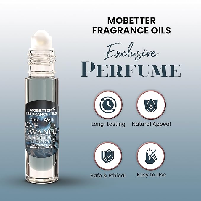 MOBETTER FRAGRANCE OILS Dire Wolf Love Scavanger Cool Nights Men Body Oil 0.33 Oz Roll On, Glass Bottle, Long Lasting, Travel Size