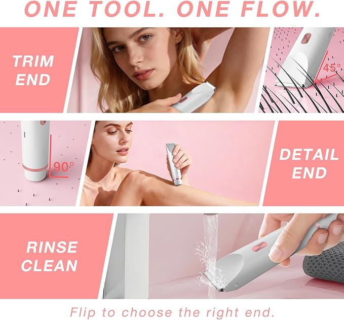Bikini Trimmer for Women, Dual-Ended Electric Razor Personal Shaver for Bikini Line & Pubic Hair, Waterproof USB-C Rechargeable Body & Face Trimmer for Underarms & Legs (Ivory White)